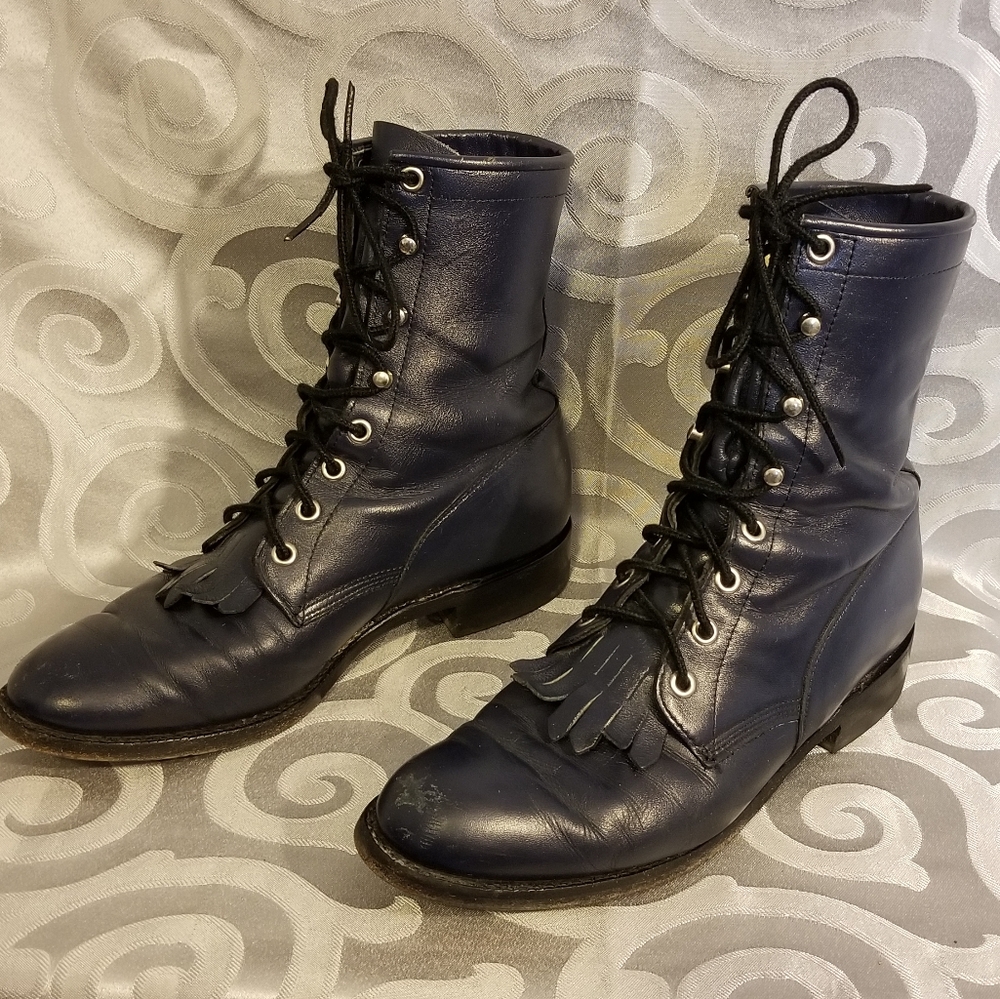 Leather Lace-Up Ankle Boots in Navy